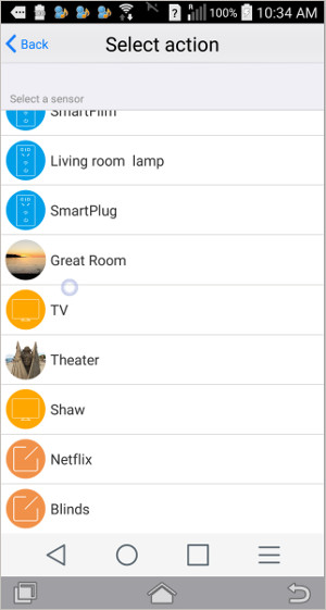 choosing the action event for the temperature sensor trigger