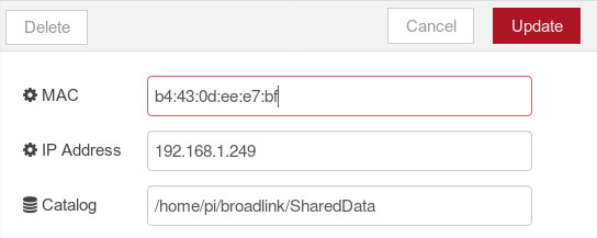 Node-RED example config dialog for BroadLink hub