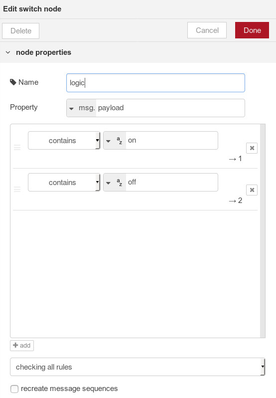 Node-RED example properties dialog for the SWITCH node