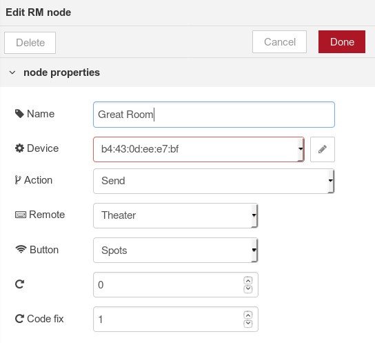 Node-RED example properties dialog for BroadLink hub