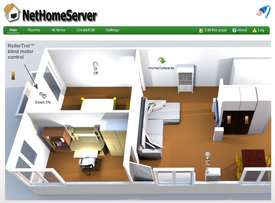 Raspberry Pi<sup>&reg;</sup> home automation plan view showing RollerTrol<sup>&trade;</sup> blind motor control